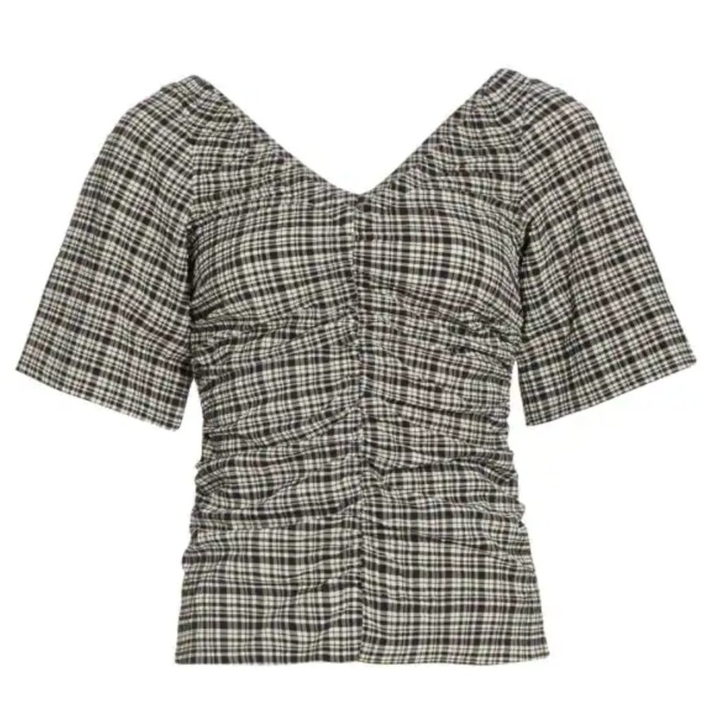 Ganni Plaid Seersucker Ruched Top